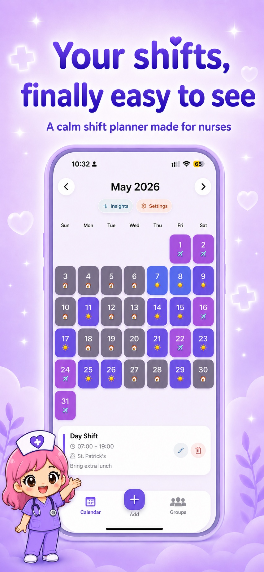 Nursie App Store preview showing a calm shift planner calendar
