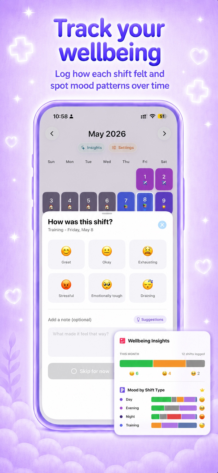 Nursie App Store preview showing shared nurse friend schedules and group days off