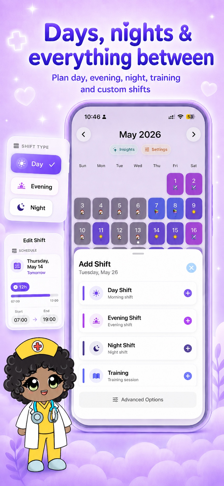 Nursie App Store preview showing day, evening, night, training, and custom shifts