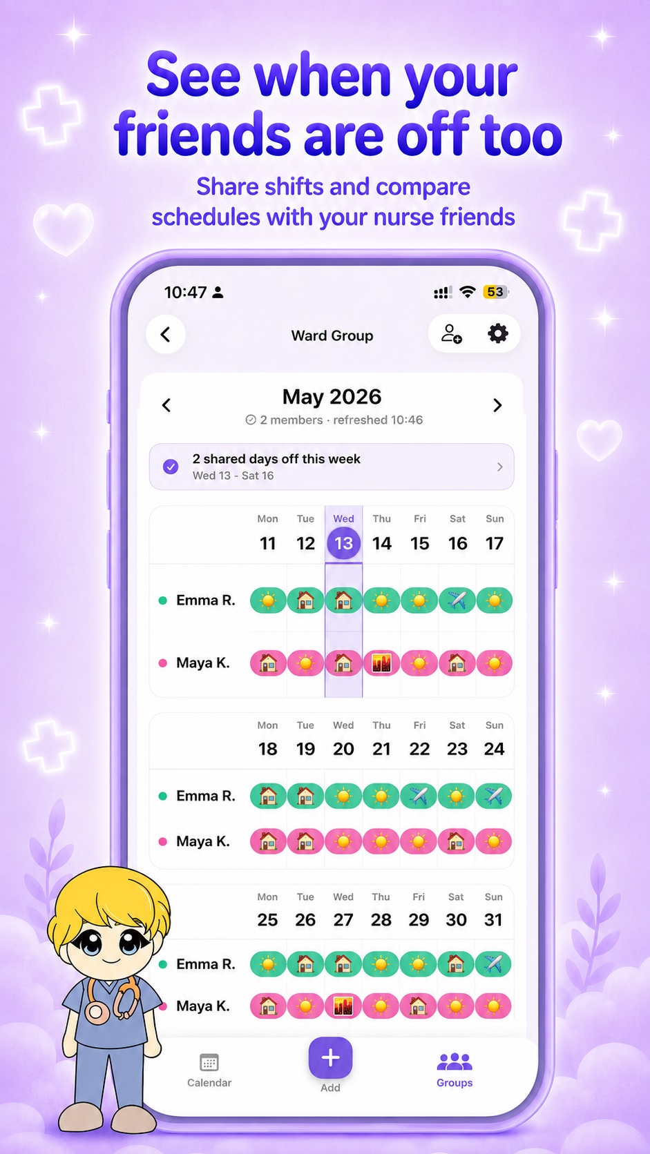 Nursie App Store preview showing wellbeing and mood tracking after shifts