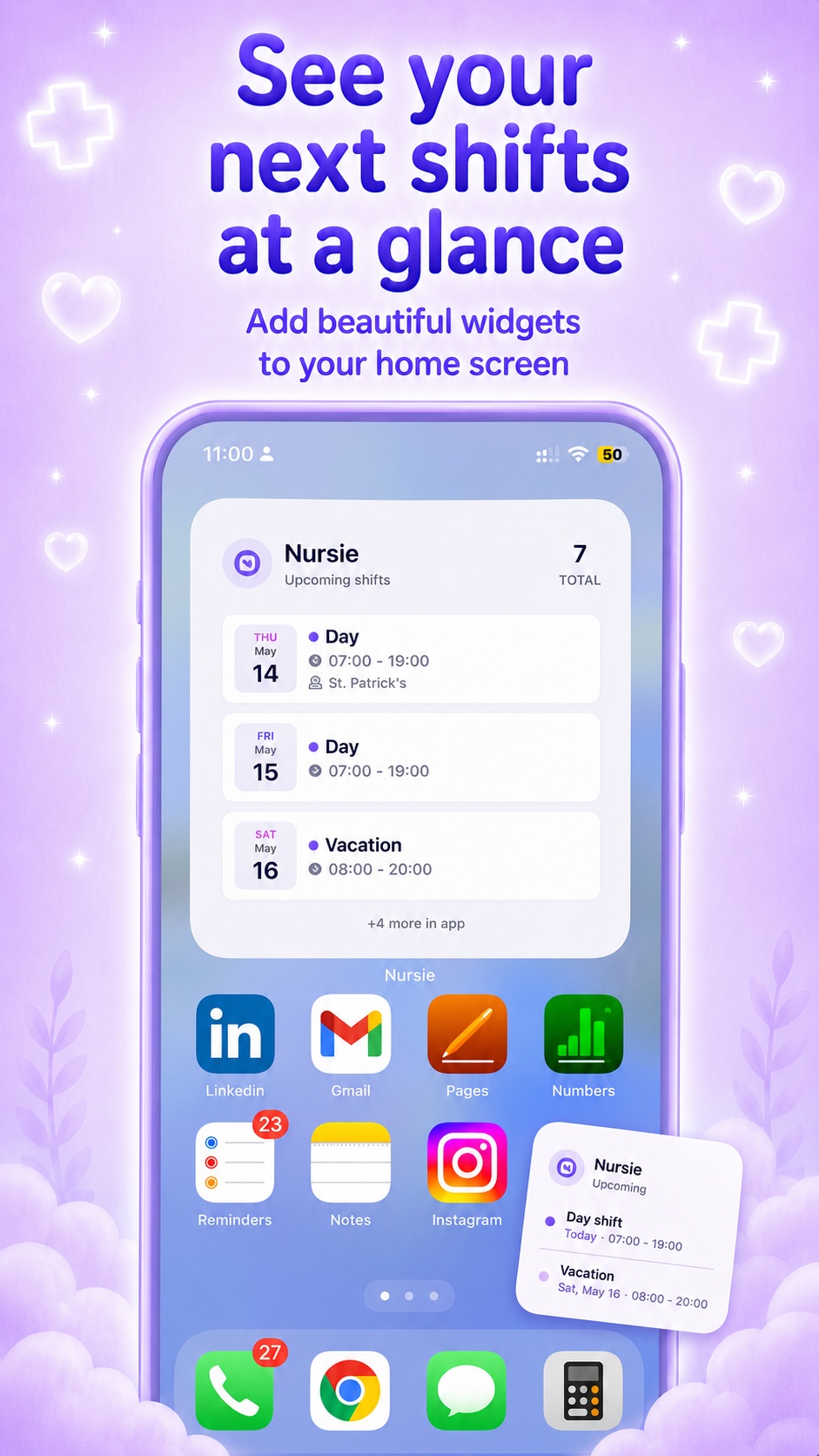 Nursie App Store preview showing upcoming shift widgets on the home screen