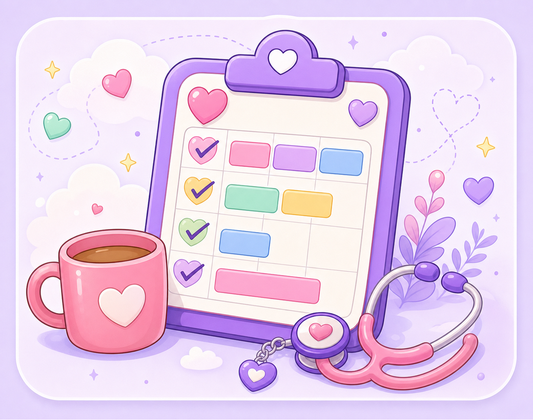 Nursie nurse character with a calm recovery checklist